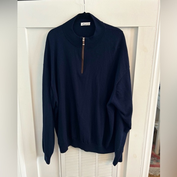 Peter Millar Autumn Ctest Merino Wool blend 1/4 zip navy Sweater leather trim - Picture 2 of 4